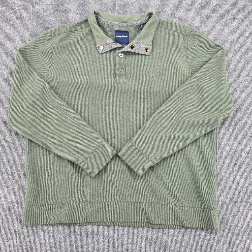 Tommy Bahama Mens XL Long Sleeve Ribbed Polo Shirt Sage Green Pullover Marlin